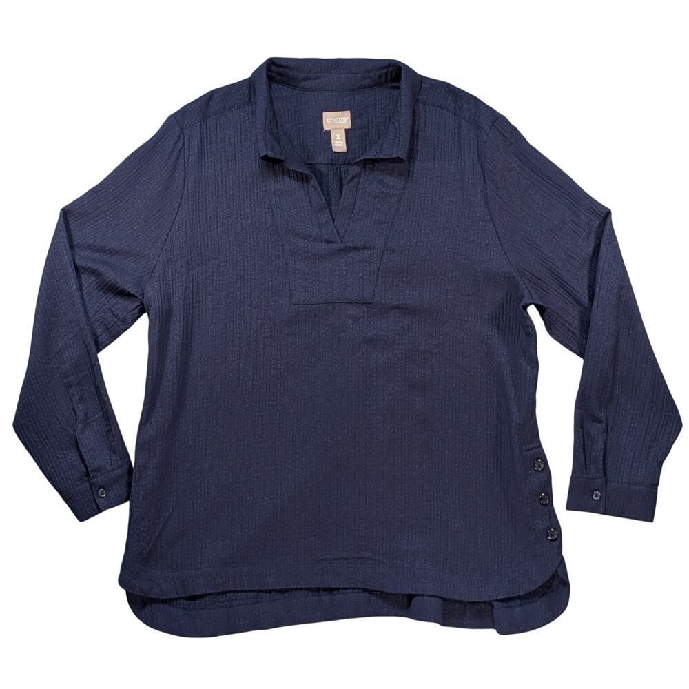 Chico’s Navy Blue Tunic Top Women’s XL V-Neck Long Sleeve Casual Boho